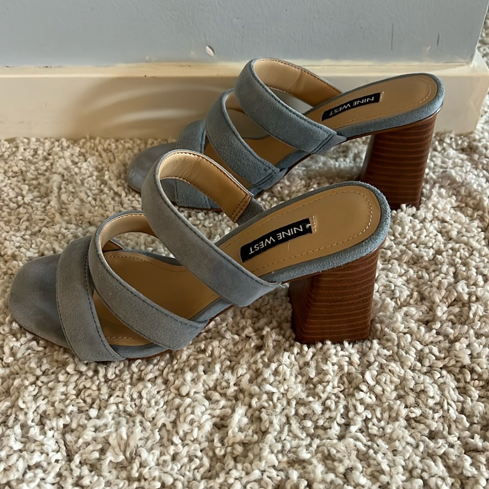 Nine West Blue Suede Strappy Wooden Block Heel
